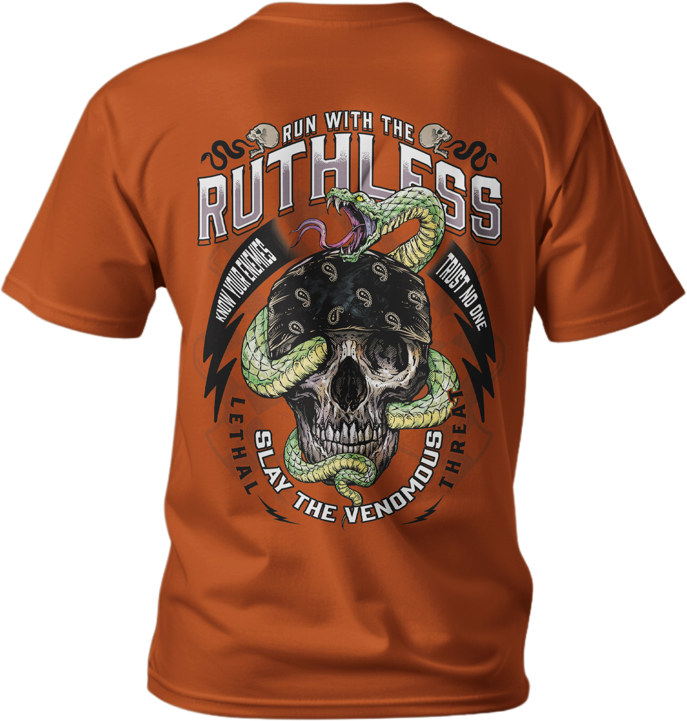 Run with the Ruthless Skull Snake Men's Volcano Orange Tee Shirt
