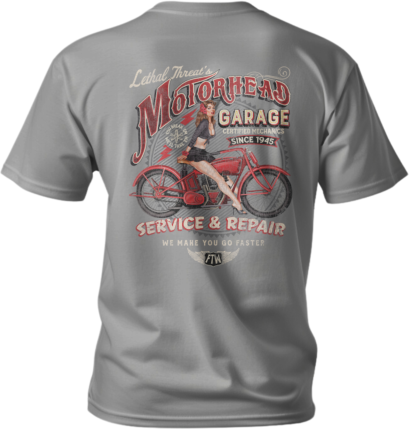 Motorhead Garage Pin Up Girl Light Gray Tee