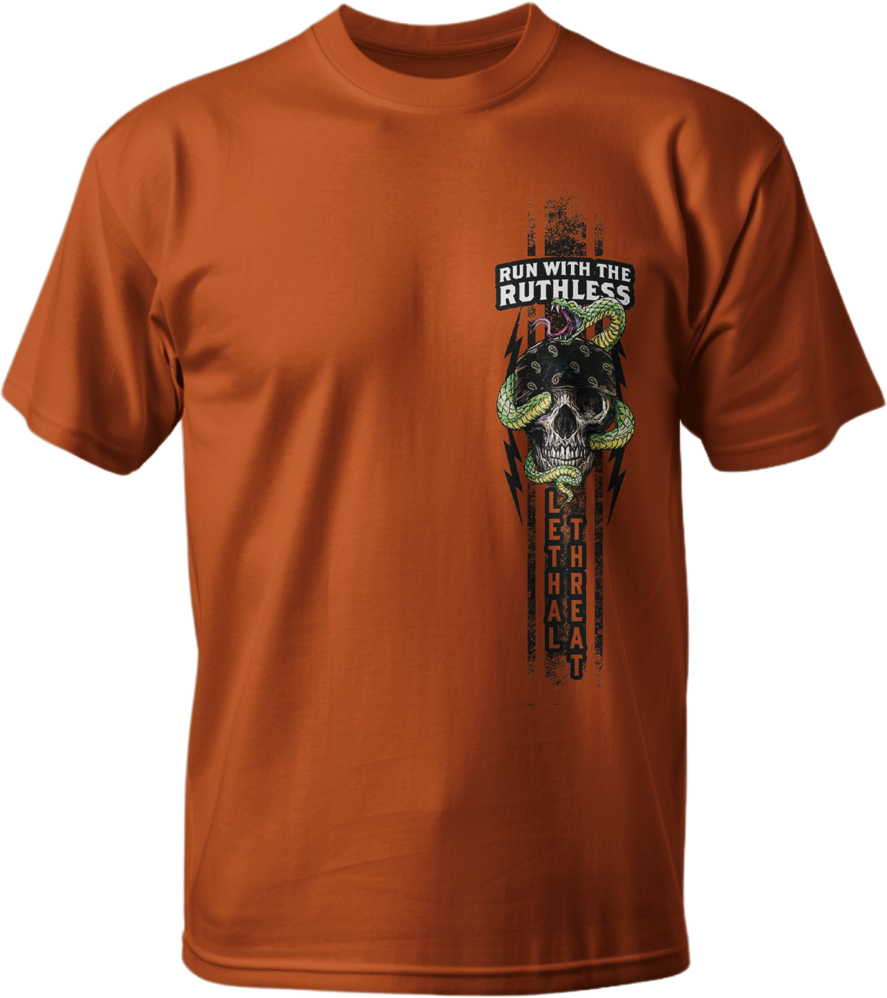 Run with the Ruthless Skull Snake Men's Volcano Orange Tee Shirt