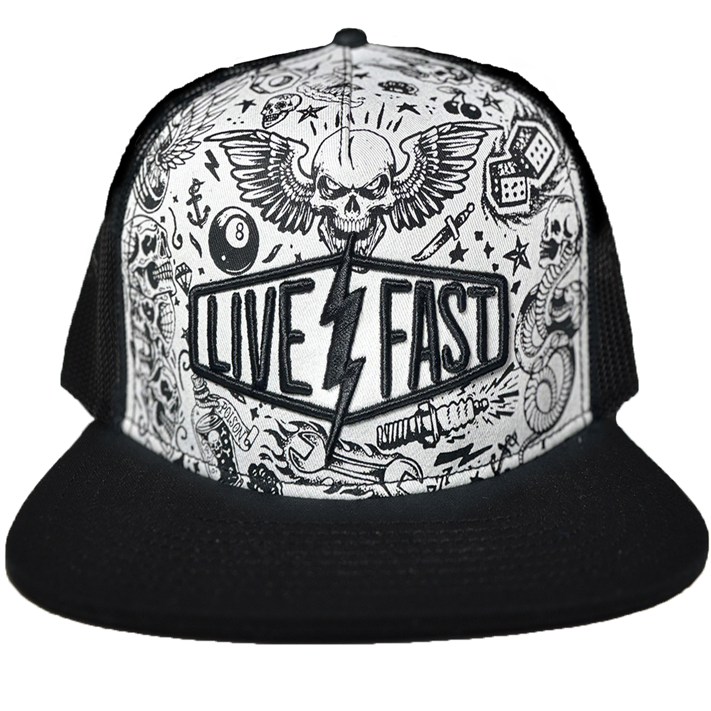 Live Fast Lightning Bolt White Trucker Style Hat