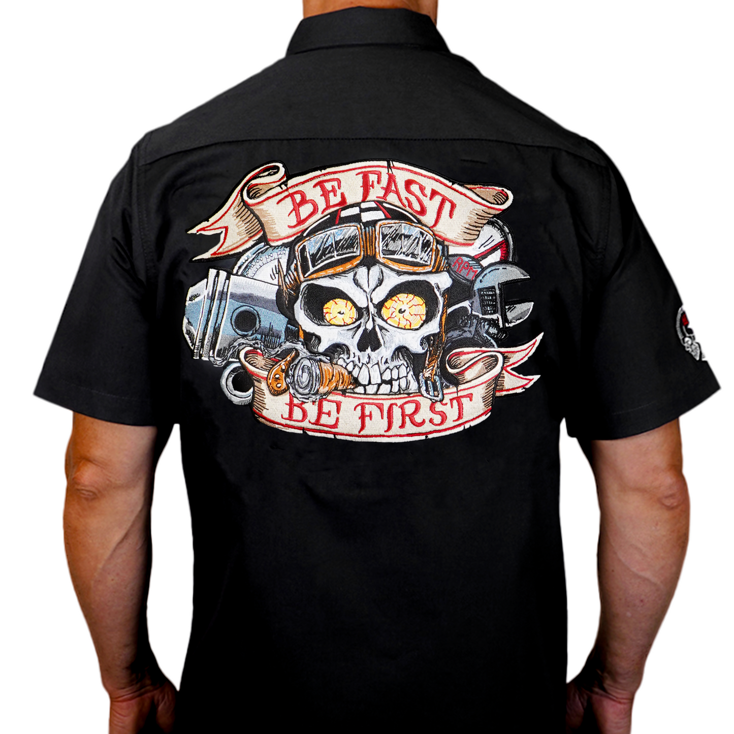 Be First Be Fast Skull Embroidered Work Shirt / Shop Shirt