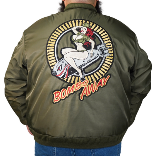 Bombs Away Pin Up Girl Army Green Bomber Jacket