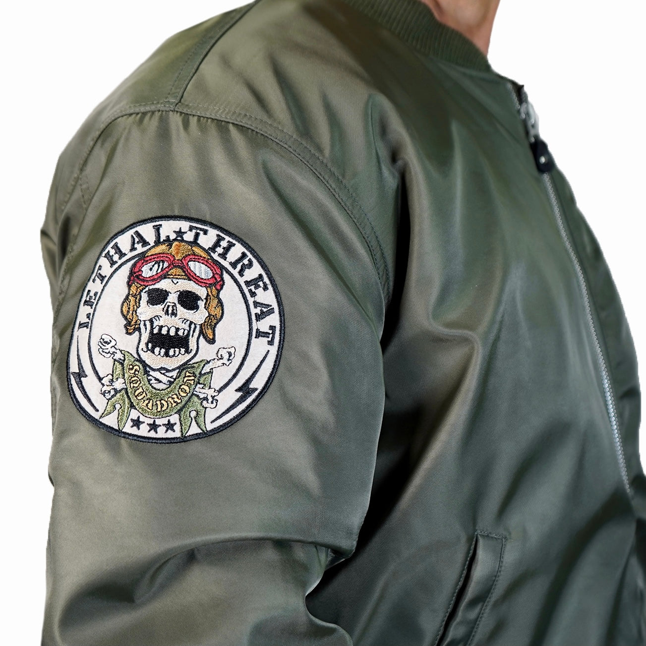 Bombs Away Pin Up Girl Army Green Bomber Jacket