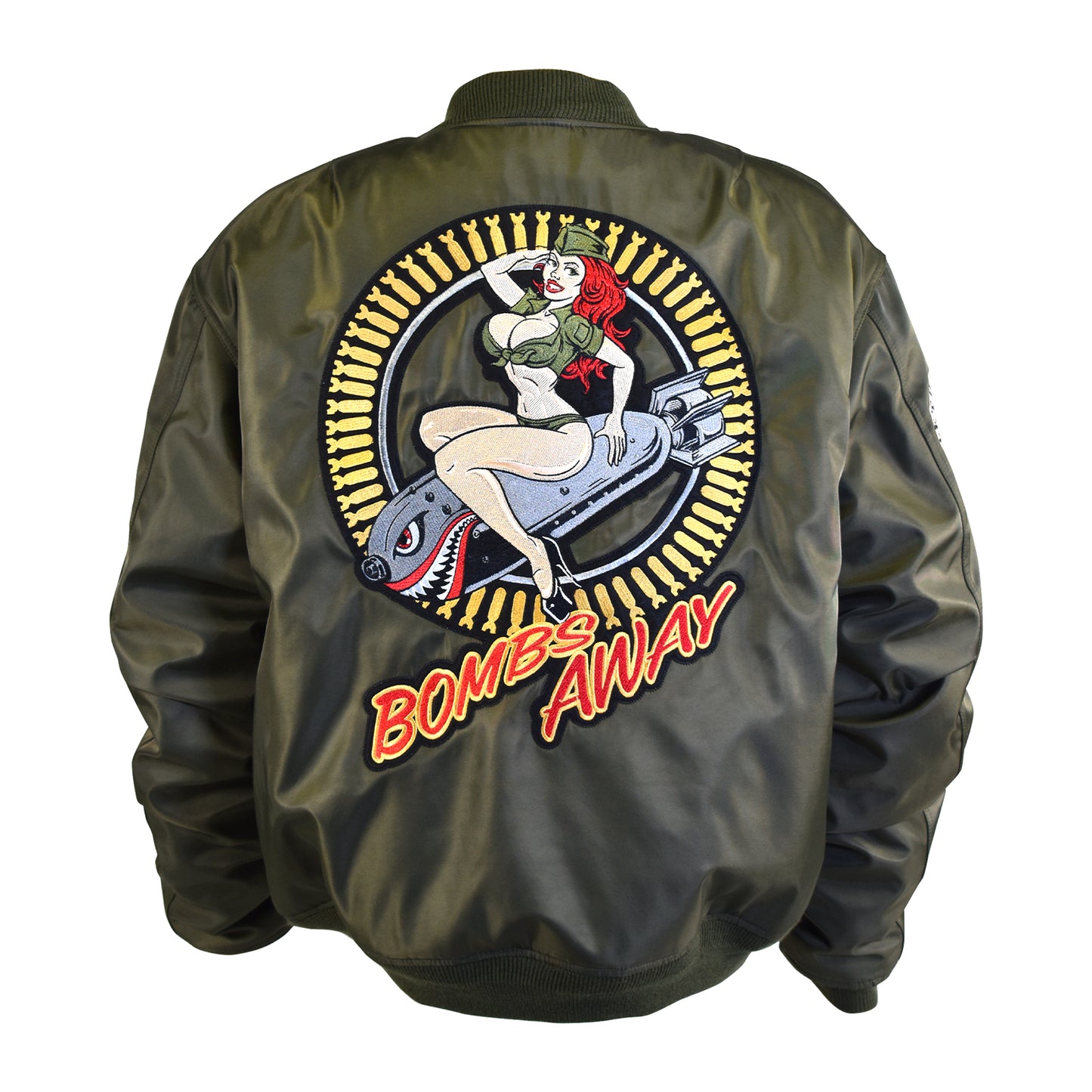 Bombs Away Pin Up Girl Army Green Bomber Jacket