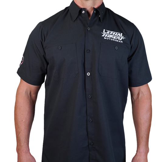 Skull Pinstripe Embroidered Work Shirt / Shop Shirt