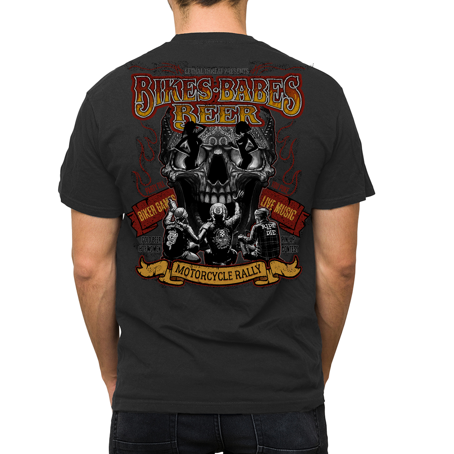 Bikes, Babes, Beer Skull Vintage Washed Men's Black Tee Shirt