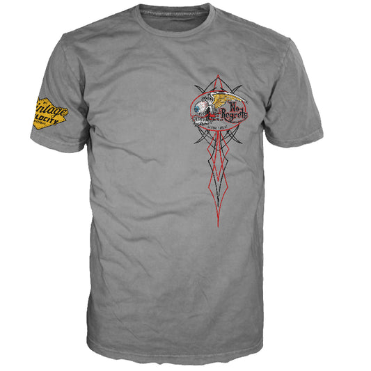 No Regrets Flying Eyeball Motor Works Vintage Washed Men's Gray Tee Shirt