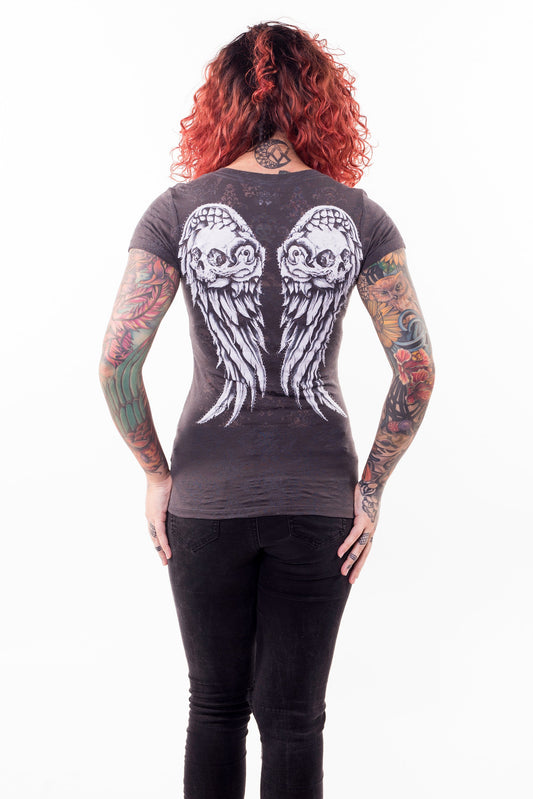 Wing Skull Burn Out Scoop Neck Tee