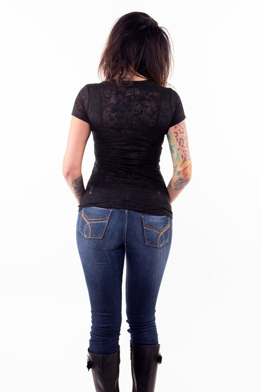 Skull Burn Out V-Neck Tee Shirt - No graphics