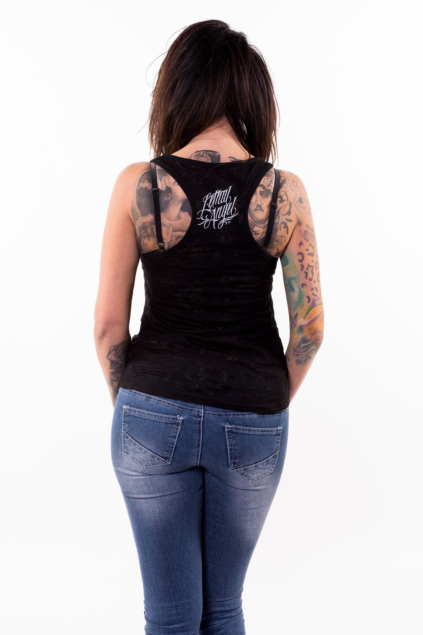 Black Lace Rip Skull Razor Back Tank Top