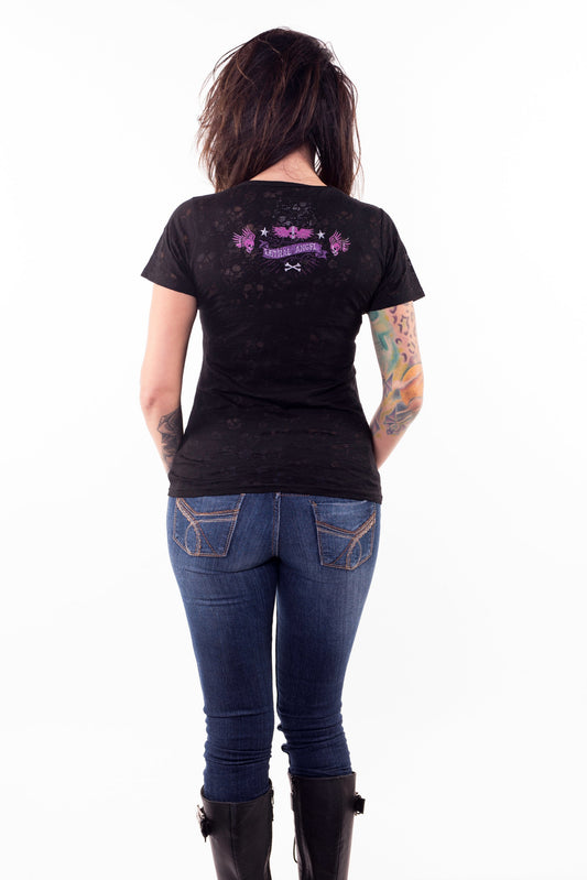 Vintage Day of the Dead Skull n Guns Burn Out Lace Up Tee