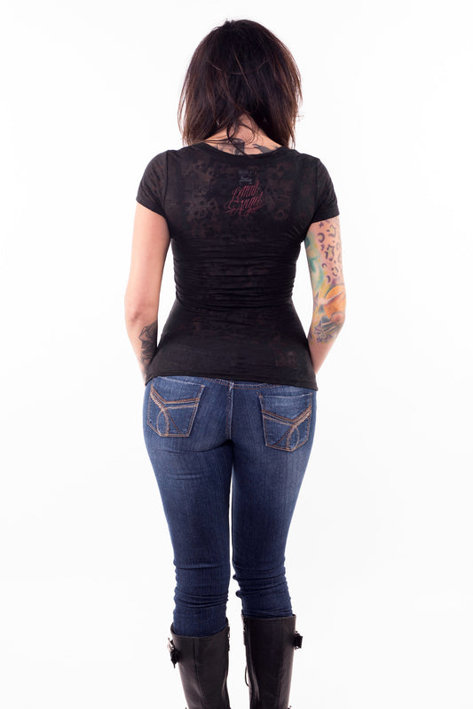 Rib Cage Skull Heart Burn Out Scoop Neck Tee