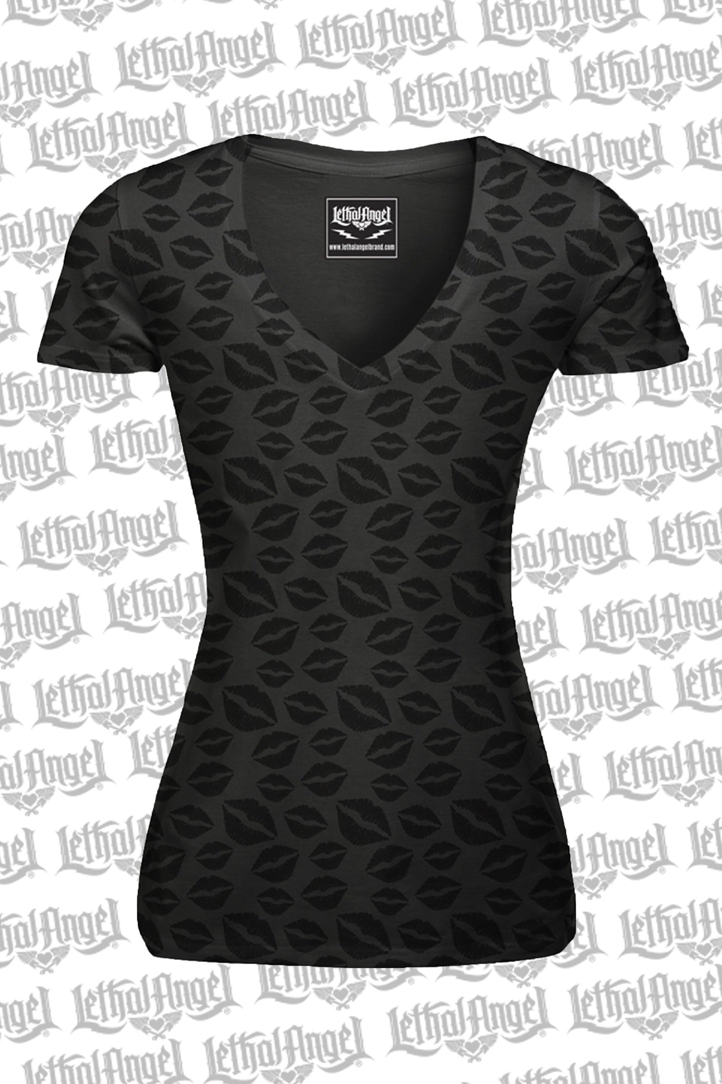 Lip Pattern Burn Out V-Neck Tee - No Printed Graphic