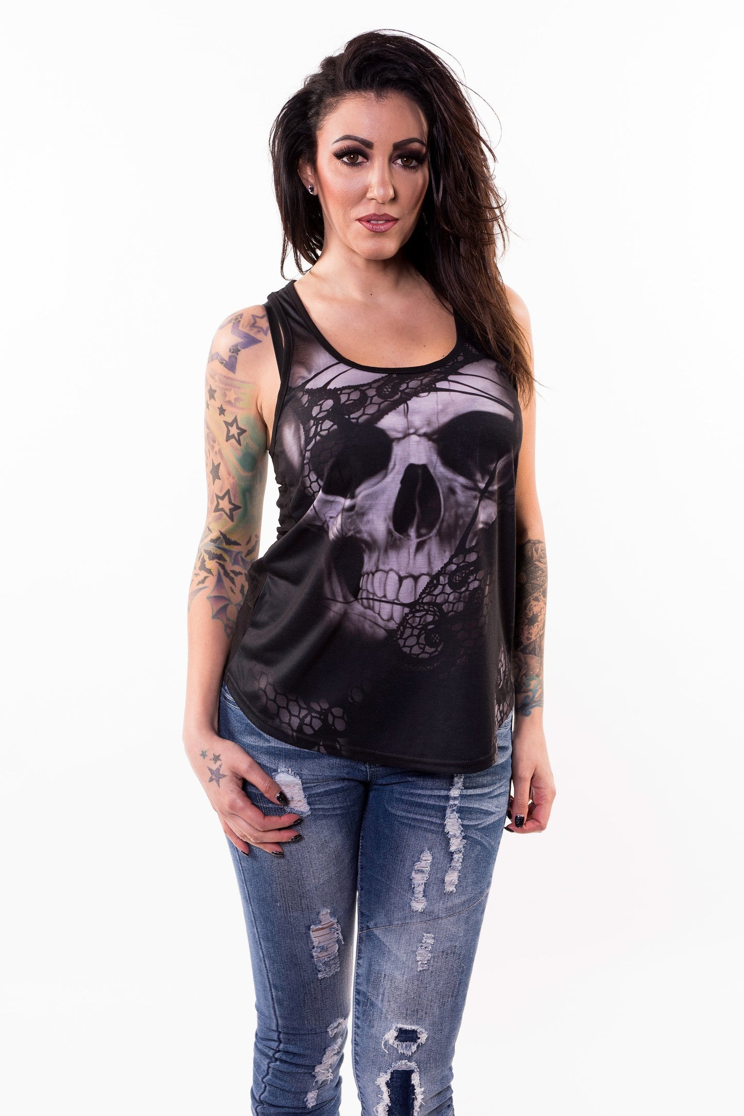 Black Lace Rip Skull Razor Back Tank Top