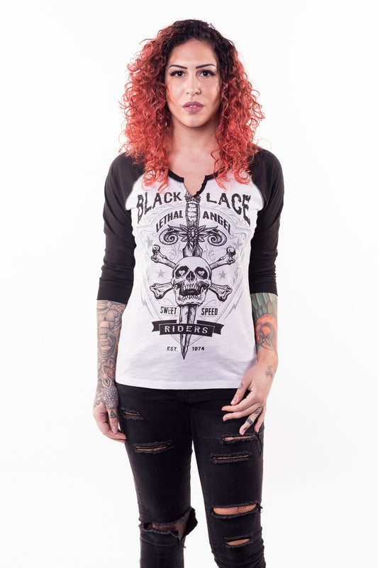 Black Lace Riders Raglan 3/4 Sleeve Shirt