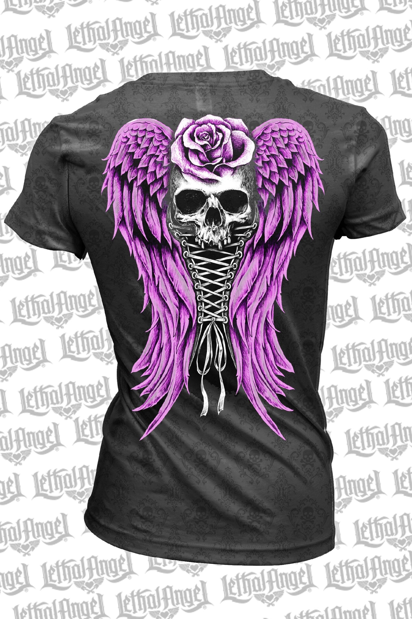 Corset Winged Skull Burn Out Scoop Neck Tee