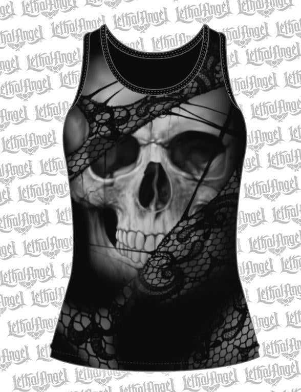 Black Lace Rip Skull Razor Back Tank Top