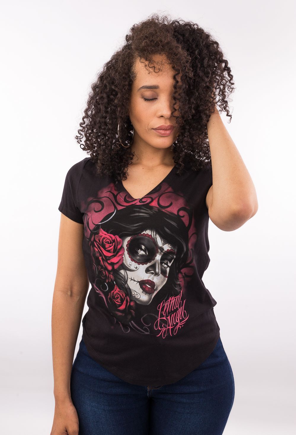 Red Catrina V Neck Tee