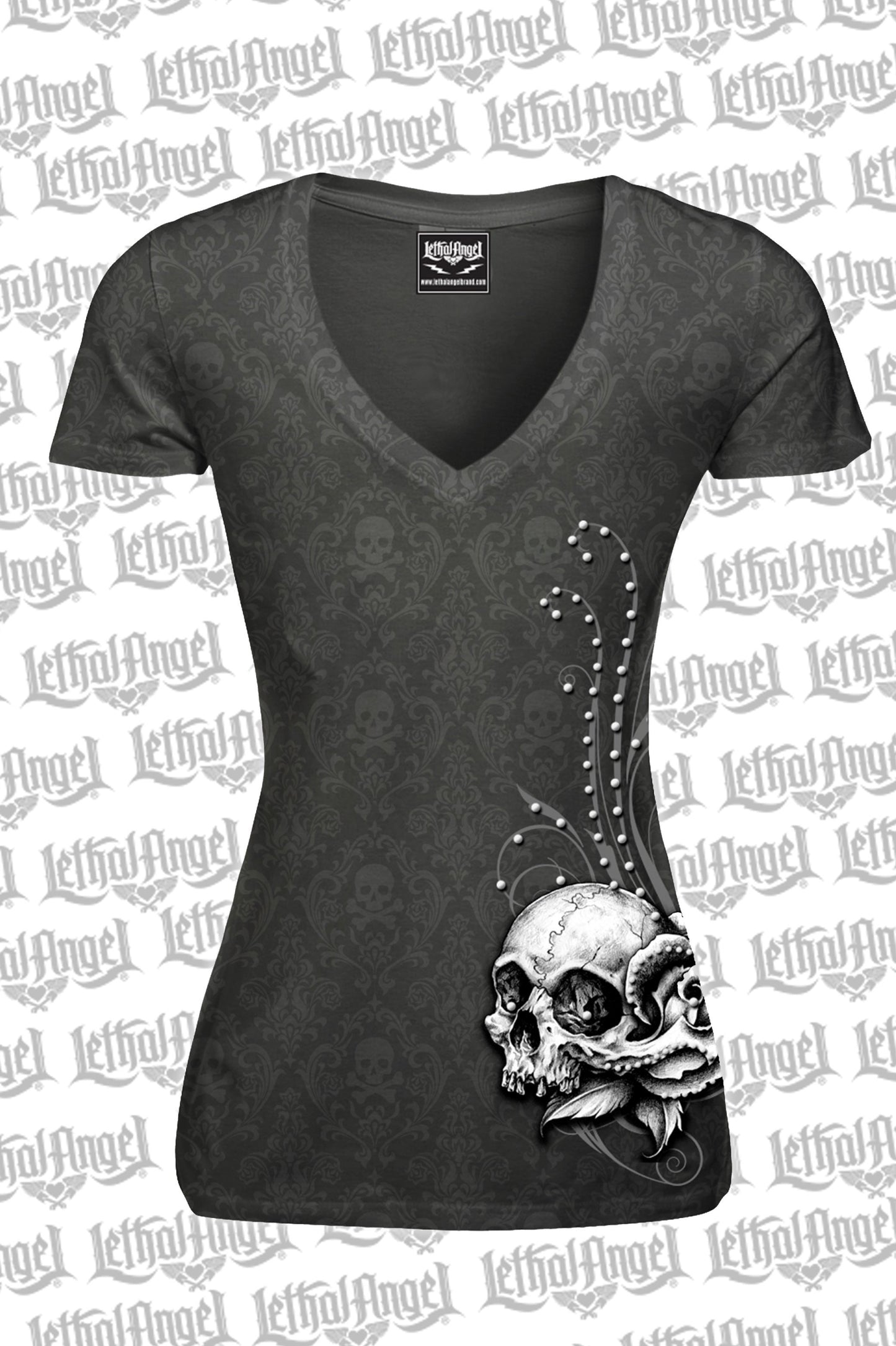 Wing Skull Burn Out Scoop Neck Tee