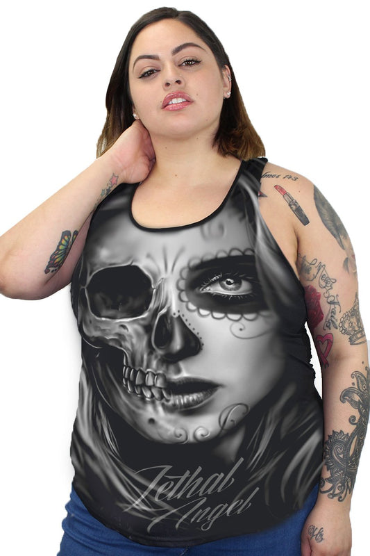 Black Lace Rip Skull Razor Back Tank Top