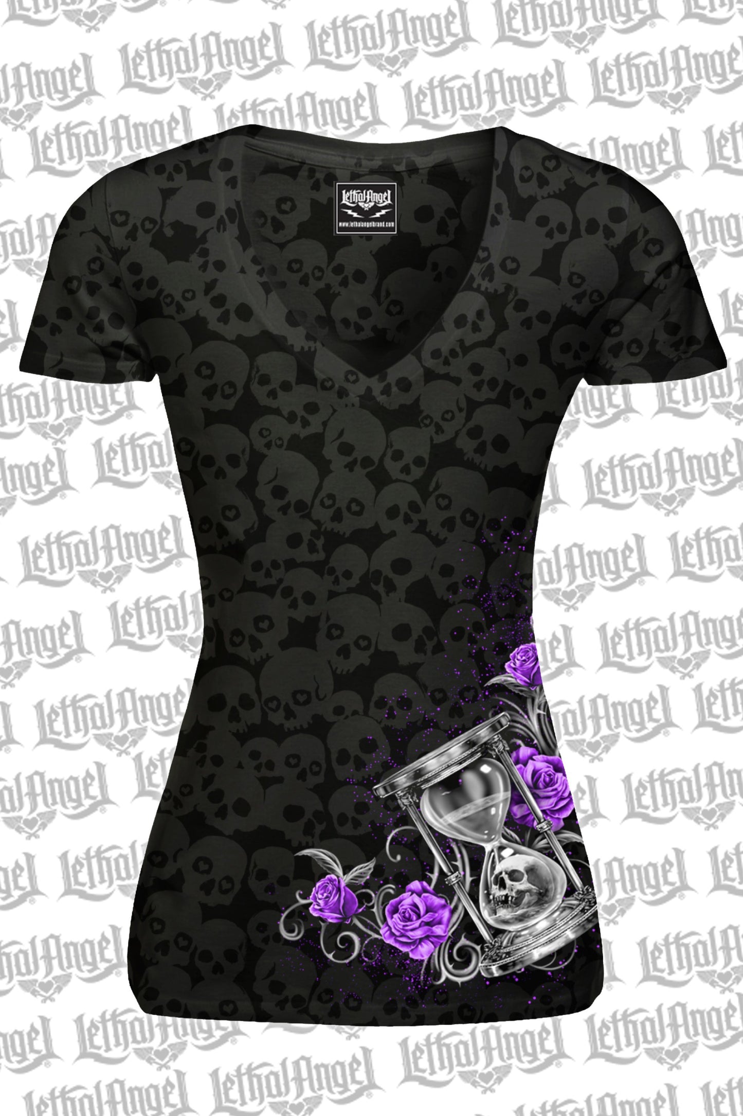 Hourglass Skull Burnout V Neck Tee