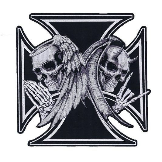 Angel and Devil Skulls Iron Cross Patch