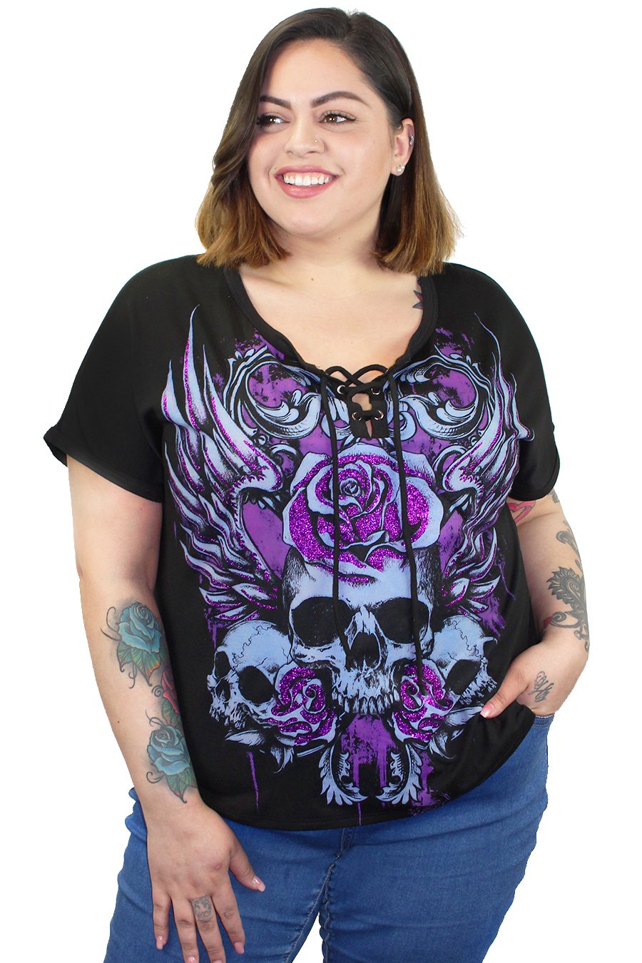 Rose Skull Lace Up Tee Shirt