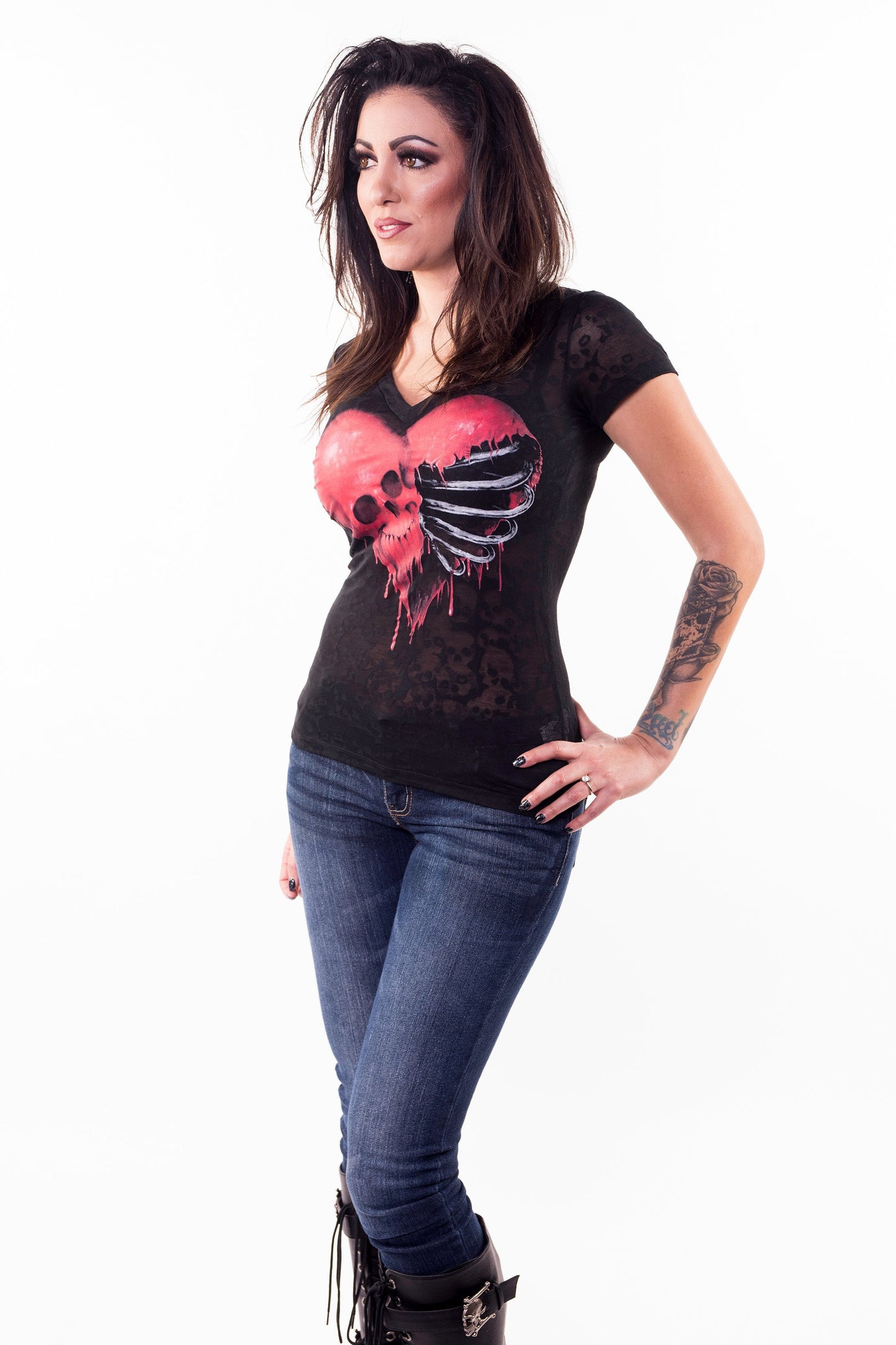 Rib Cage Skull Heart Burn Out Scoop Neck Tee