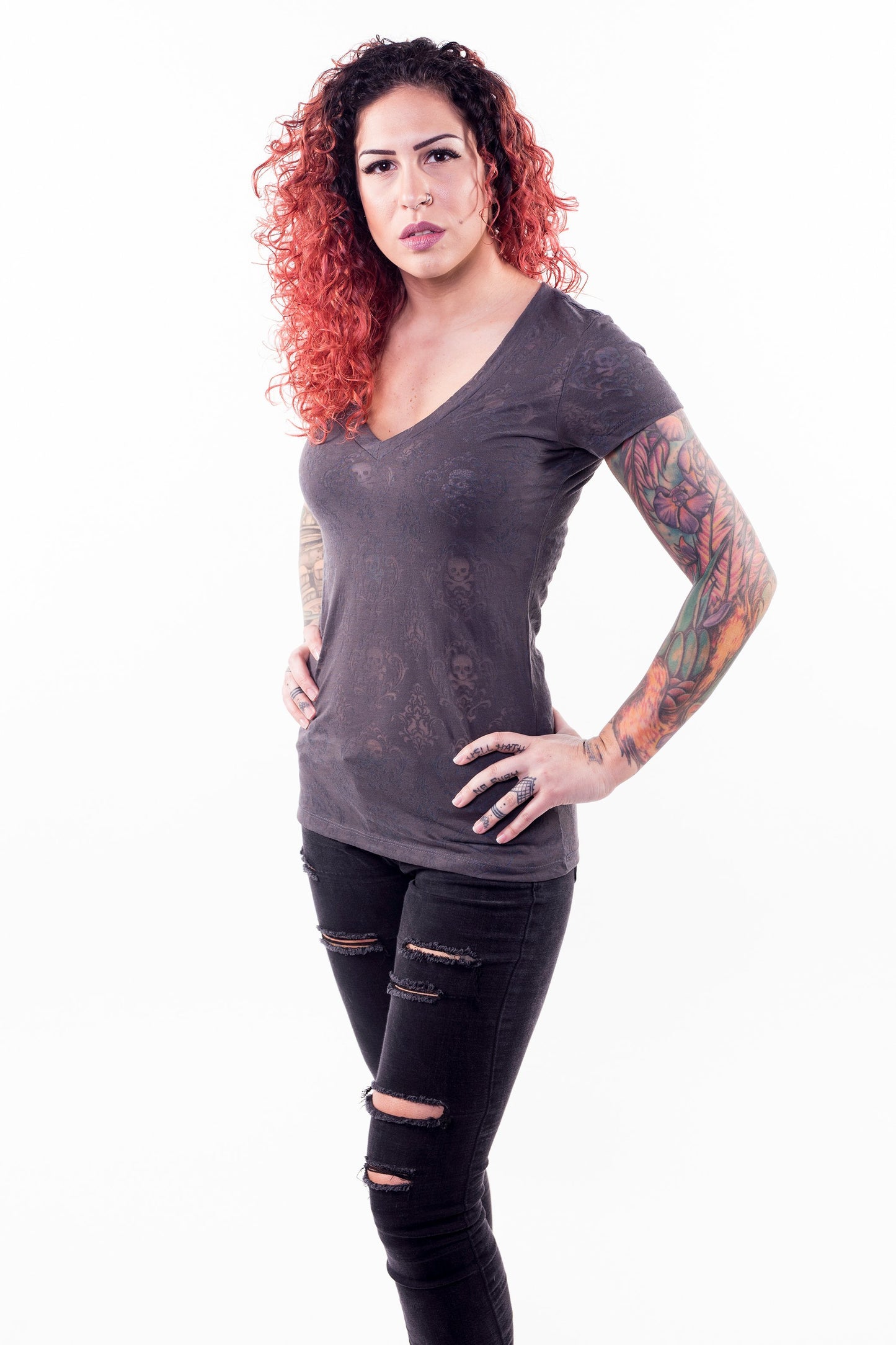 Classic Skull Burn Out V-Neck Tee - No Graphics