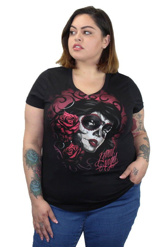 Red Catrina V Neck Tee