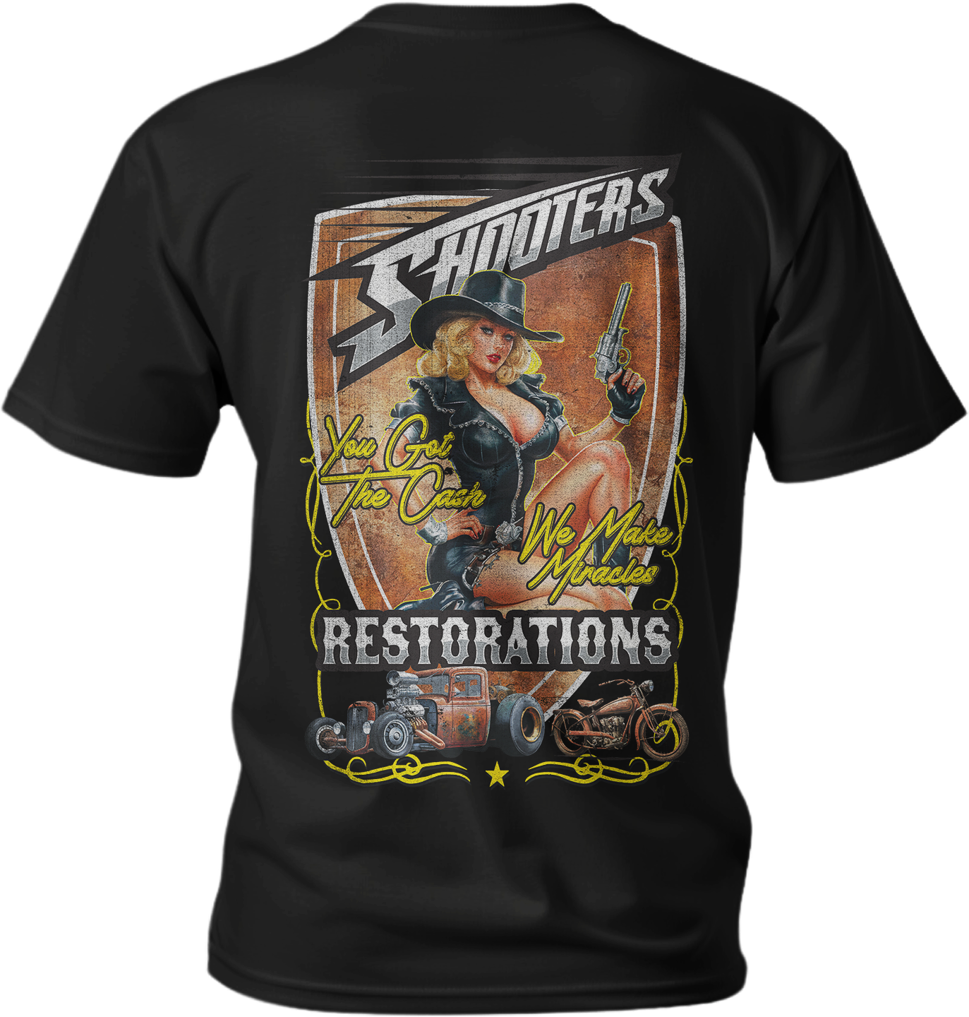 Shooters Restoration Pin Up Girl Black Tee