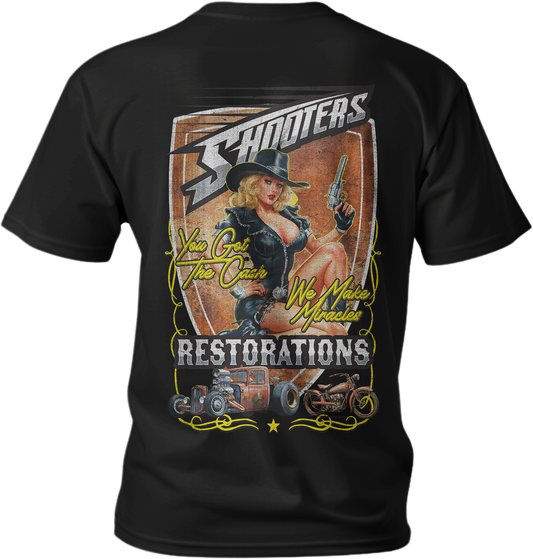 Shooters Restoration Pin Up Girl Black Tee