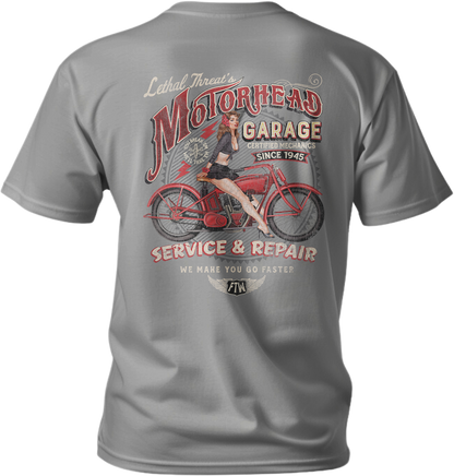 Motorhead Garage Pin Up Girl Light Gray Tee