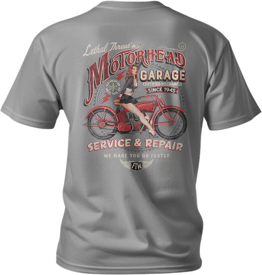 Motorhead Garage Pin Up Girl Light Gray Tee