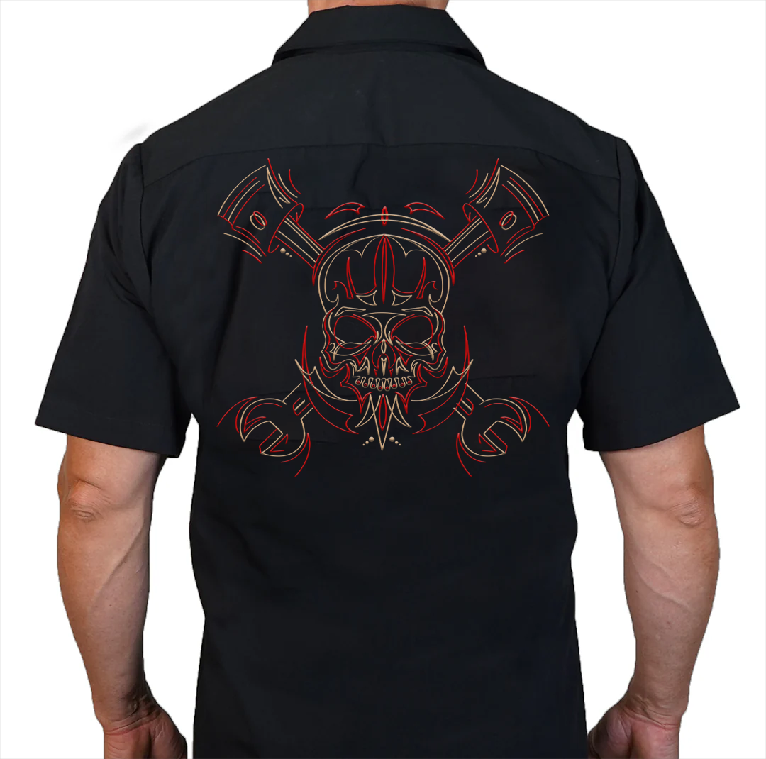 Skull Pinstripe Embroidered Work Shirt / Shop Shirt