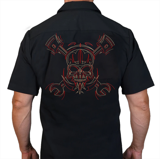 Skull Pinstripe Embroidered Work Shirt / Shop Shirt