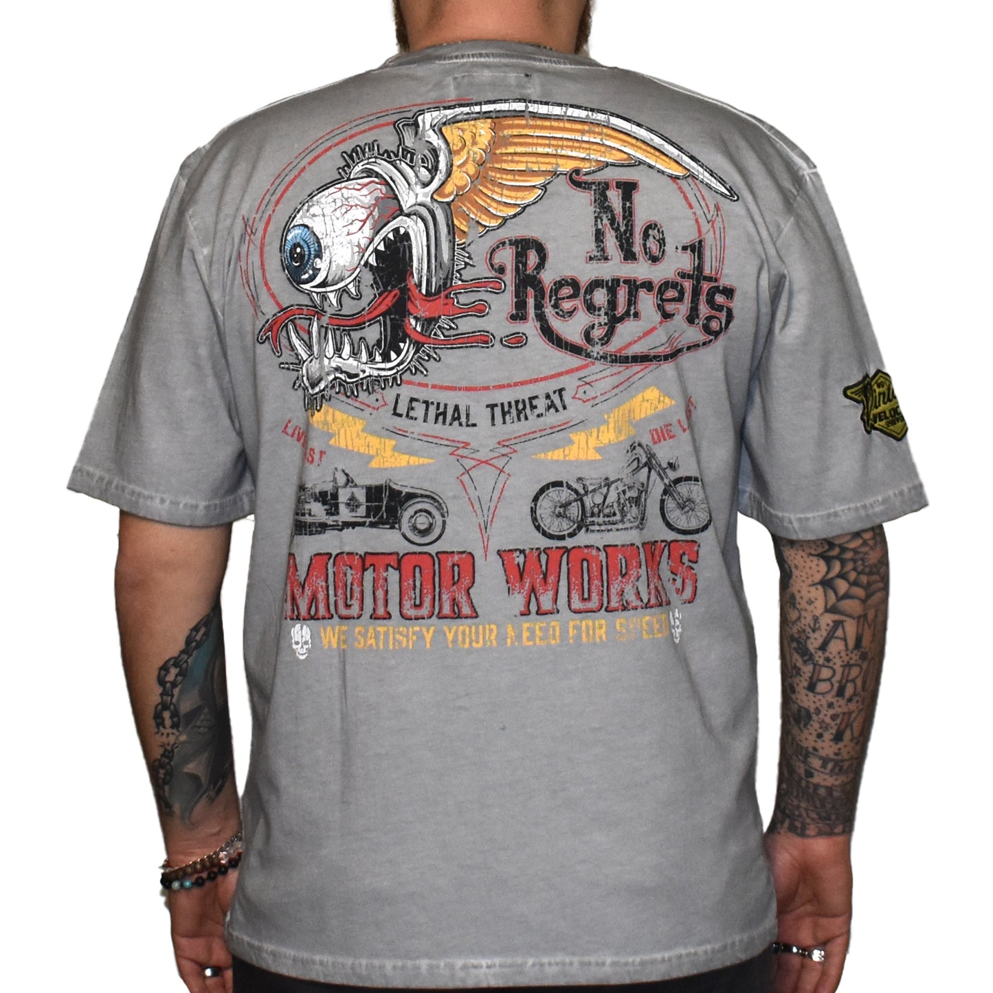 No Regrets Flying Eyeball Motor Works Vintage Washed Men's Gray Tee Shirt