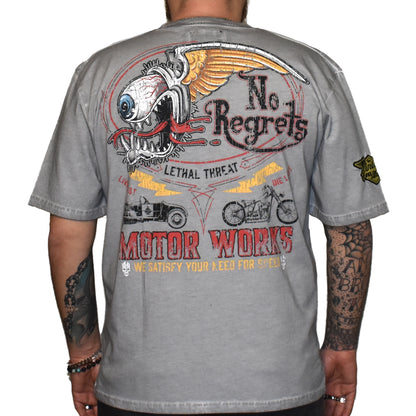 No Regrets Flying Eyeball Motor Works Vintage Washed Men's Gray Tee Shirt