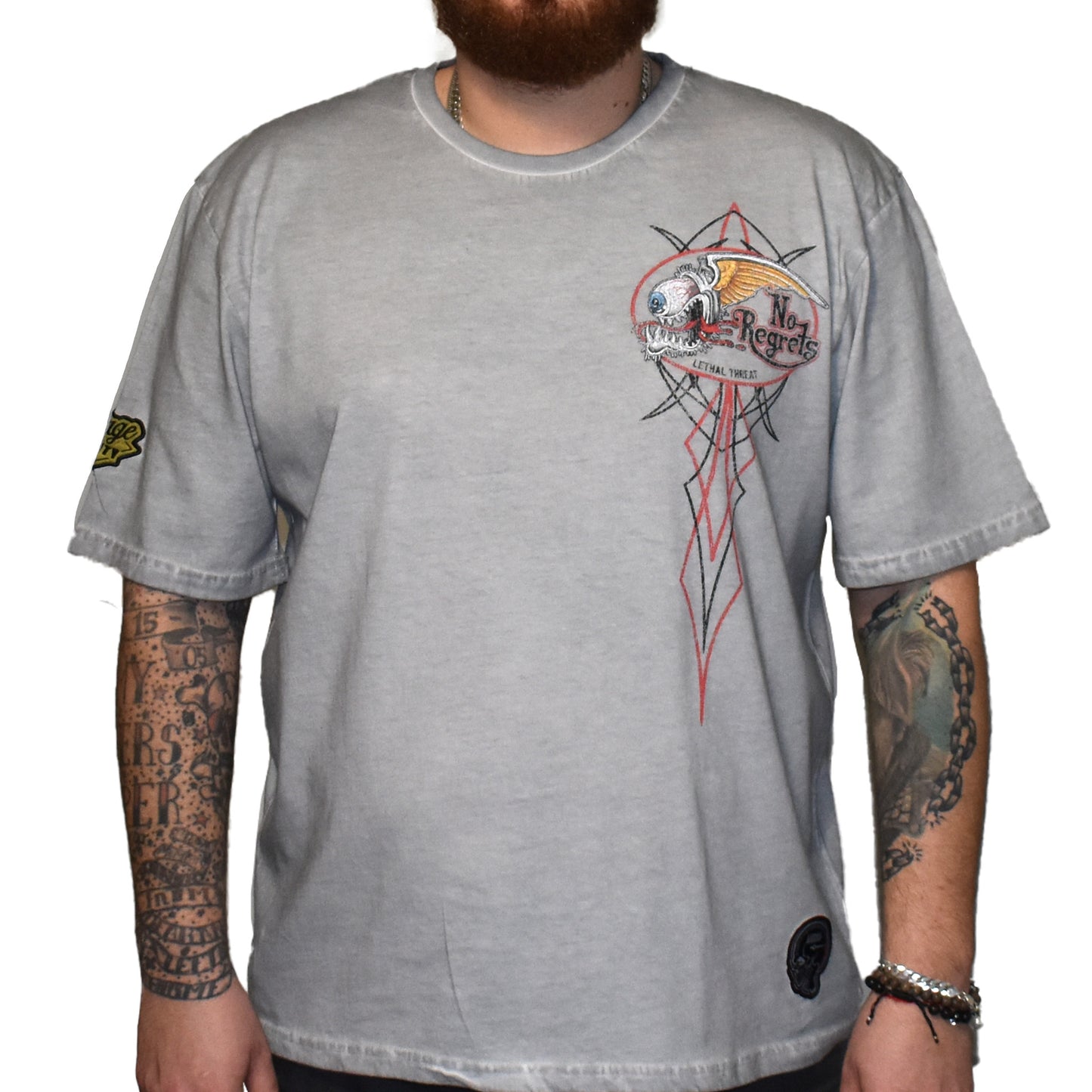 No Regrets Flying Eyeball Motor Works Vintage Washed Men's Gray Tee Shirt
