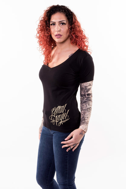 Skull Butterfly Tattoo Sleeve V Neck Shirt