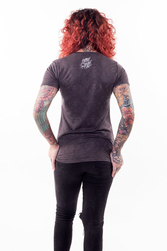 Twin Rose Skulls Burn Out V Neck Tee