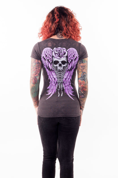 Corset Winged Skull Burn Out Scoop Neck Tee