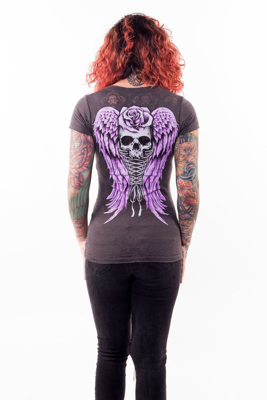 Corset Winged Skull Burn Out Scoop Neck Tee