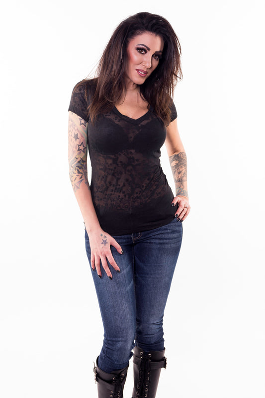 Skull Burn Out V-Neck Tee Shirt - No graphics