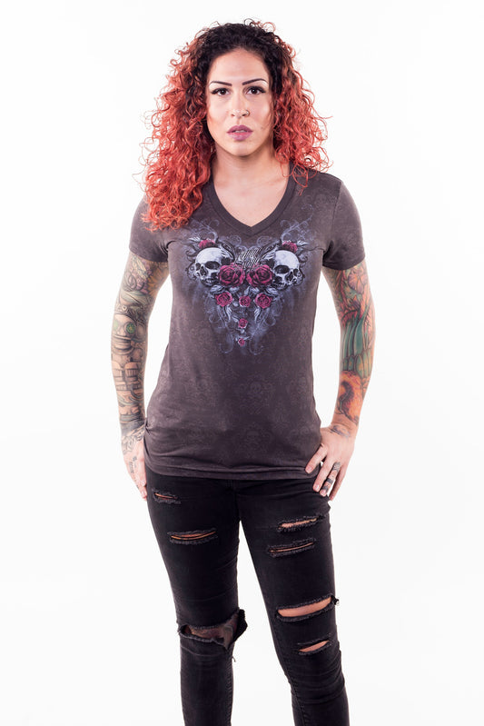 Twin Rose Skulls Burn Out V Neck Tee