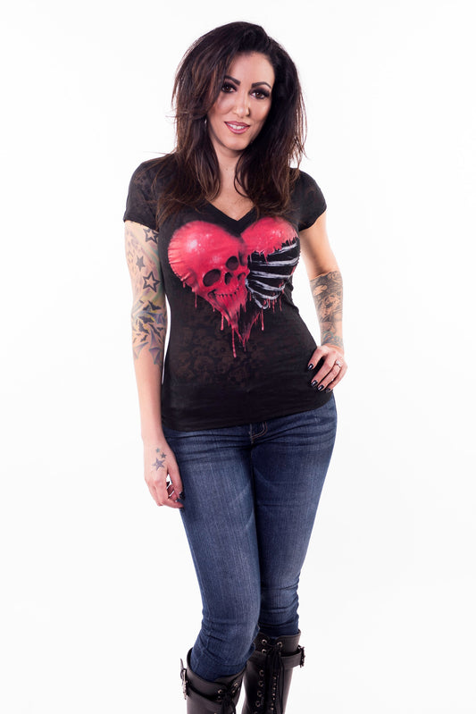 Rib Cage Skull Heart Burn Out Scoop Neck Tee