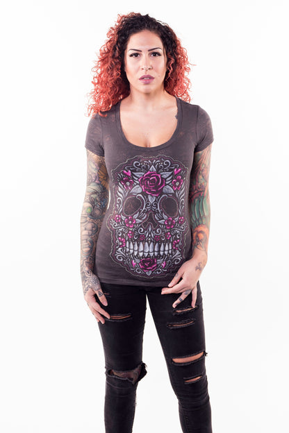 Skull of Flowers Scoop Neck Burn Out Tee