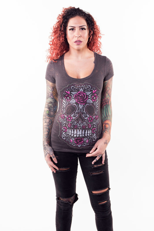 Skull of Flowers Scoop Neck Burn Out Tee