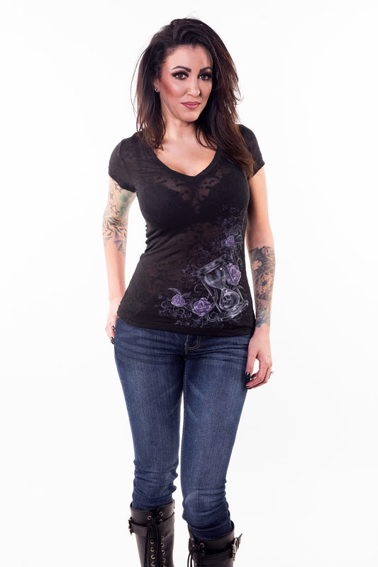 Hourglass Skull Burnout V Neck Tee