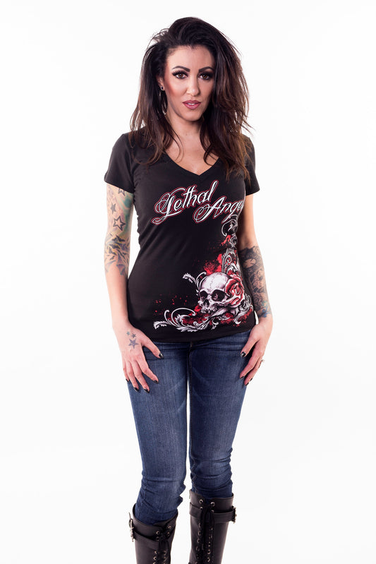 Floral Skull V-Neck Tee